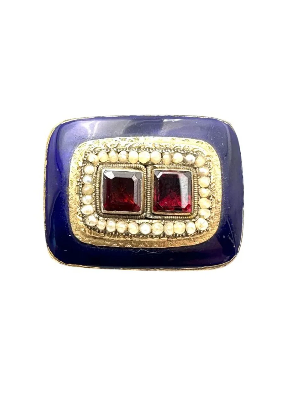 Antique Georgian 14K Gold Cobalt Blue Enamel Garnet Brooch Pin Circa 1830